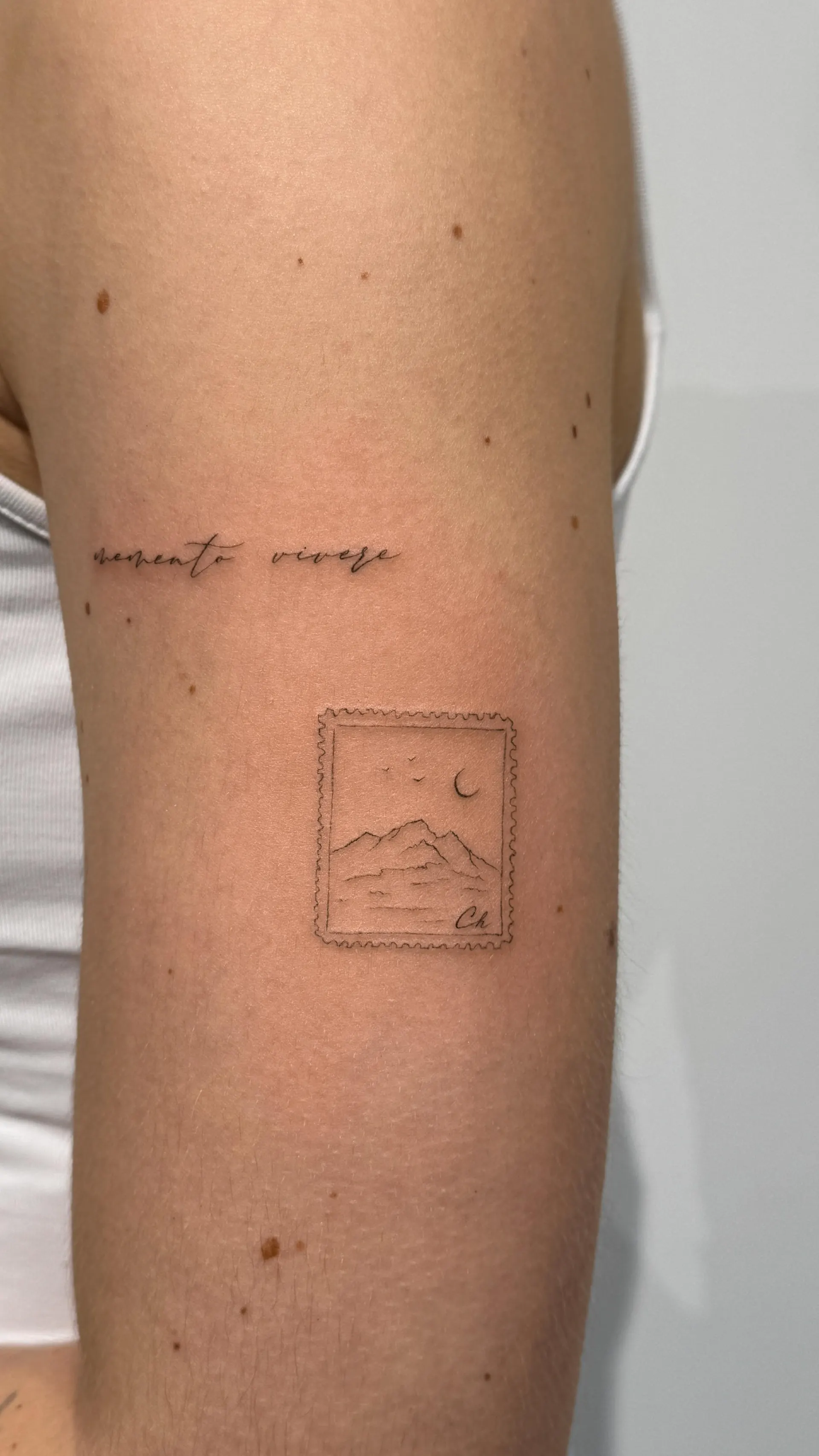 Briefmarke Memento Vivere Berge figurative Fine Line Tattoo